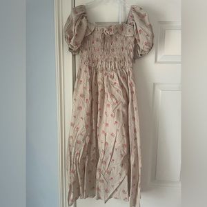 Floral Smocked Puff-Sleeve Midi Dress